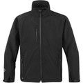 Stormtech black softshell jacket with stand collar, full-length zip, chest and hip zip pockets