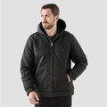 Man wearing black sherpa-lined cotton canvas zip-through hoodie with ribbed hem and drawstring hood