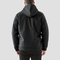 Rear view of man wearing black cotton canvas hooded jacket with ribbed hem and orange zip pull detail