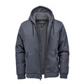 Slate blue cotton canvas hooded jacket with sherpa fleece lining, zip front, ribbed cuffs and hem, flat lay