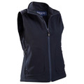 Navy women's softshell vest with full-length zip, high collar, and dual lower pockets
