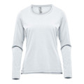 White women's long sleeve tee with scoop neckline, relaxed fit and curved hem — flat lay packshot