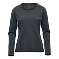 Charcoal grey women's long sleeve tee with scoop neckline and smooth flat front panel