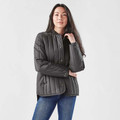 Woman wearing charcoal vertical-quilted bomber jacket with snap buttons, side pockets, and adjustable waist