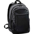 Charcoal and black 20L laptop backpack with textured fabric panels, front zip pocket, and padded shoulder straps