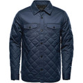 Navy blue quilted insulated shirt jacket with snap buttons, dual chest pockets and diamond-quilted body panels