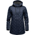Women's navy quilted insulated 3/4 length jacket with adjustable hood, diamond-stitch panels and chest pocket