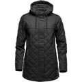Women's black quilted insulated 3/4 length jacket with adjustable hood and diamond-pattern stitching
