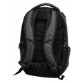 Rear view of charcoal and black 30L commuter backpack showing padded mesh back panel, ergonomic shoulder straps, sternum strap, and black zipper pulls