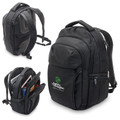 Charcoal black 20L laptop backpack shown from three angles — back panel, front with branded logo, and open interior with organiser pockets