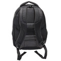 Rear view of black laptop backpack showing padded mesh back panel, adjustable shoulder straps and top carry handle