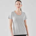 Woman wearing a light grey marl scoop-neck short sleeve tee with smooth front panel