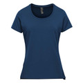 Navy blue women's performance tee with scoop neckline, fitted silhouette and short sleeves