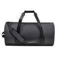 Charcoal and black 65L barrel duffel bag with welded seams, top carry handle and adjustable crossbody strap