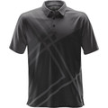 Charcoal performance polo with bold geometric graphite print, three-button placket, and smooth H2X-DRY moisture-wicking fabric