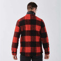 Rear view of man wearing red and black buffalo plaid sherpa fleece jacket with contrast collar