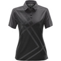 Charcoal women's performance polo with geometric tonal print, three-button placket and short sleeves