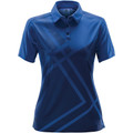 Women's royal blue performance polo with tonal geometric print across front, 3-button placket and short sleeves