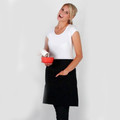 Black waist apron with front pocket and white sleeveless top shown on model