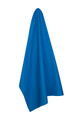 Royal blue canvas waist apron hanging against white background showing rectangular shape and tie straps