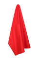 Red canvas waist apron hanging with adjustable ties visible at top
