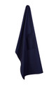 Navy short waist canvas apron with hanging loop, displayed flat against white background