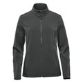 Women's charcoal grey full-zip softshell jacket with stand collar and zip pockets