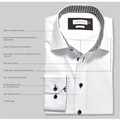 White non-iron dress shirt with charcoal gingham contrast collar lining, cuffs, and flat front placket