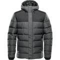 Stormtech charcoal marl insulated parka with black shoulder panels, horizontal quilting, zip front and attached hood
