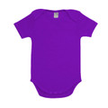 Vibrant purple organic cotton baby romper with short sleeves and lap shoulder neckline