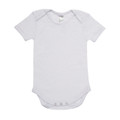 White organic cotton baby romper with envelope neckline and snap closures at bottom