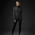 Woman wearing charcoal marl full-zip hooded performance jacket with side zip pockets and fitted athletic silhouette