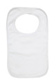 White organic cotton baby bib with rounded neck opening, ribbed trim edge and velcro tab fastening, flat lay