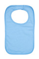 Sky blue organic cotton baby bib with wide neck opening and velcro tab, flat lay packshot