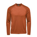 Burnt orange heather long sleeve performance top with crew neck and raglan sleeves, flat lay packshot