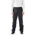 Male model wearing black waterproof rain pants with elasticated waist, flat front, and lightweight shell construction
