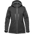 Charcoal women's technical system jacket with adjustable hood, centre-front zip and contrast grey zipper pulls