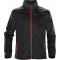 Black youth lightweight shell jacket with red contrast full-zip, stand collar, and zippered side pockets