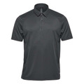 Charcoal grey men's sports polo with three-button placket, raglan sleeves and smooth snag-resistant performance fabric