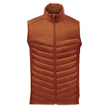 Rust orange men's thermal puffer vest with quilted lower panels, smooth upper chest, stand collar and full-length zip