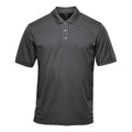 Charcoal grey men's short-sleeve sports polo with three-button placket and smooth snag-resistant knit fabric