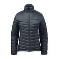 Women's slate grey thermal puffer jacket with contrast yoke panel, full-length zip and quilted baffles