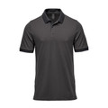 Stormtech charcoal grey mens polo with black contrast collar, placket buttons, and sleeve cuffs