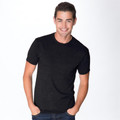 Man wearing charcoal black marle tri-blend crew neck t-shirt with short sleeves and smooth front panel