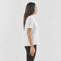 Woman shown side-on wearing a white stretch polo with short sleeves and a clean neckline