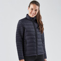 Woman wearing a midnight navy quilted puffer jacket with stand collar, full-length zip, and side zip pockets