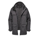 Graphite men's 5-in-1 system jacket with detachable quilted vest, zip-off hood, chest and lower snap pockets