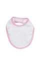 White organic cotton baby bib with pink contrast binding and rounded shape