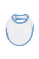 White organic cotton baby bib with contrast Carolina blue binding and neck trim