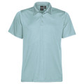 Pale aqua men's short-sleeve performance polo with three-button placket and subtle heathered pique texture
